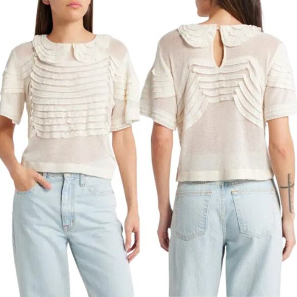 NEW The Great. Rosebud Knit Peter Pan Collar Short Sleeve Top Cream Size: 3